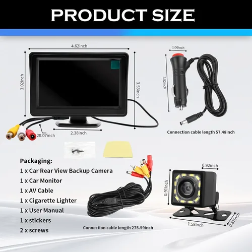 Miniatura 2 de Cámara de respaldo de 12 LED con monitor de 4.6 x 3.5 pulgadas, HD 150° gran angular para automóvil, con función de visión nocturna, cámaras