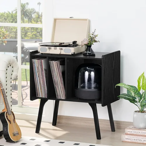 Miniatura 4 de LELELINKY Soporte para tocadiscos, mesa de almacenamiento de discos de vinilo con 4 gabinetes de hasta 120 álbumes, soporte para tocadiscos de Negro