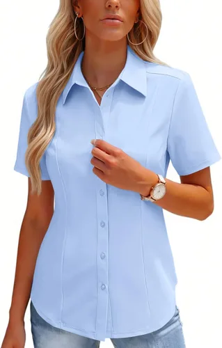 Miniatura 15 de HOTOUCH Camisas con botones para mujer, manga corta, elástica, sin arrugas, blusas formales de trabajo, blusas de verano, tallas S-2XL