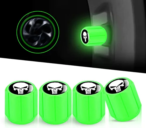 Ajxn 4 tapas de vástago de válvula de neumático de automóvil, estampado de calavera, tapas de aire luminosas, universales para automóviles,