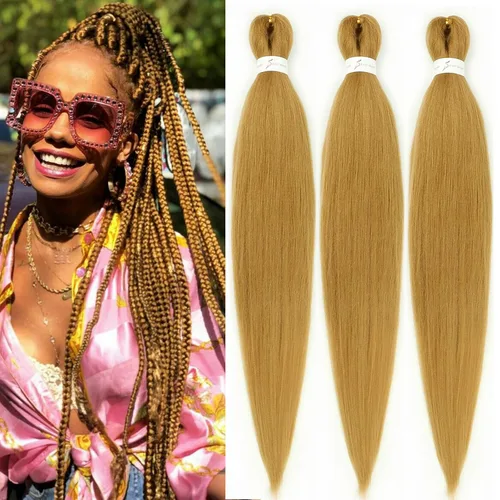 Miniatura 13 de Cabello trenzado marrón preestirado de 30 pulgadas, 3 paquetes de cabello trenzado preestirado de color 30 EZ, textura Yaki, extensiones de cabello