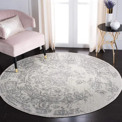 SAFAVIEH Colección Adirondack Alfombra de Área - 4' Redonda, Marfil y Plata, Diseño Oriental Envejecido, No Desprende Pelusa y de Fácil Cuidado,