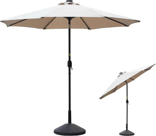 Miniatura 9 de Clihome Sombrilla solar de 9 pies para patio, 32 luces LED, sombrilla solar para patio al aire libre con botón de inclinación y manivela para patio
