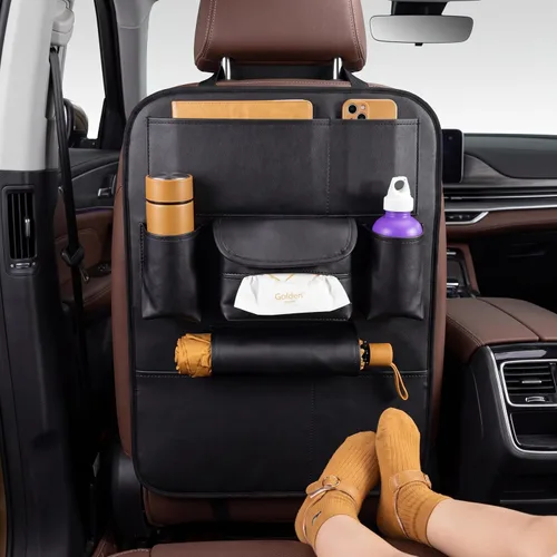 Miniatura 6 de Paquete de 2 organizadores para la parte trasera del asiento del automóvil con cubiertas universales, organizadores de viaje en cuero sintético