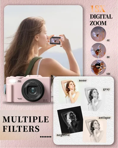 Miniatura 6 de Cámara digital 4K para fotografía y vlogging, cámara de YouTube con pantalla abatible de 180° de 3 pulgadas, enfoque automático, WiFi, zoom 18X