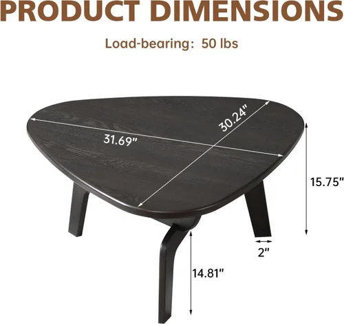 Miniatura 2 de Ahokua Mesa de centro orgánica moderna, mesa de centro triangular escultural con bordes curvos, mesa central de madera de perfil bajo para sala