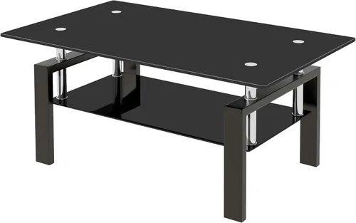 Miniatura 3 de Mesa de centro moderna de vidrio, mesas de té de vidrio templado negro de 2 niveles para sala de estar, rectangular de 39.4 x 23.7 x 17.72 pulgadas