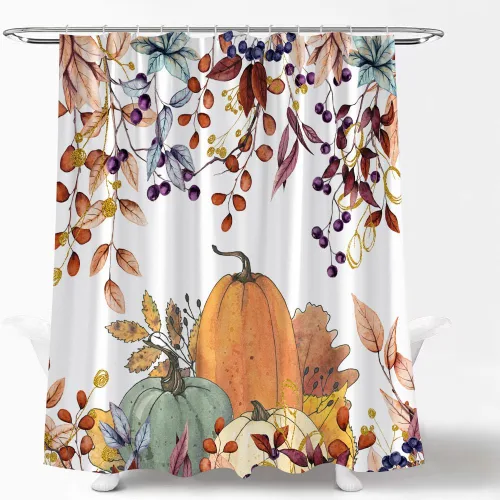 Miniatura 3 de Cortina de ducha de otoño, calabaza, hojas de arce, día de Acción de Gracias, cosecha, acuarela colgante, hojas de eucalipto, botánica, floral