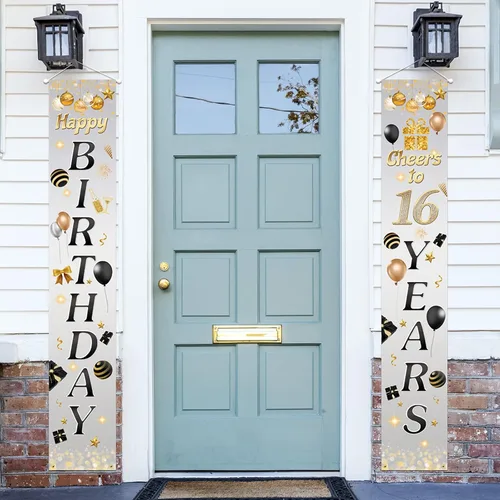 5665 Cartel de feliz cumpleaños 16 para porche, decoración de puerta gris con texto en inglés "Cheers to 16 años" para fiestas temáticas para niños