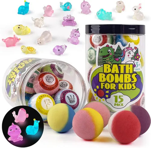 Bombas de baño para niños con sorpresas adentro, juego de 15 bombas de baño sorpresa para niños, set de regalo en frasco con juguetes escondidos,
