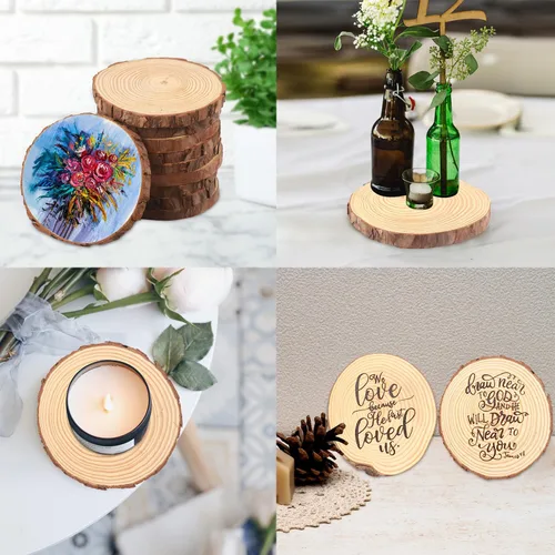 Miniatura 7 de 24 piezas de rebanadas de madera natural de 5.5 a 6.3 pulgadas, círculos de madera de pino sin terminar con cortezas para posavasos, manualidades