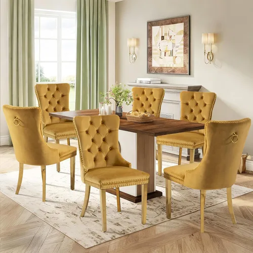 Miniatura 115 de Juego de 2 sillas de comedor de terciopelo tapizadas con ribete de cabeza de clavo y patas doradas chapadas en acero inoxidable para cocina