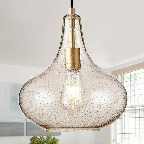 CATINER Lámpara colgante artesanal de 11 pulgadas de latón dorado de mediados de siglo moderno con pantalla de vidrio sembrado - Elegante lámpara