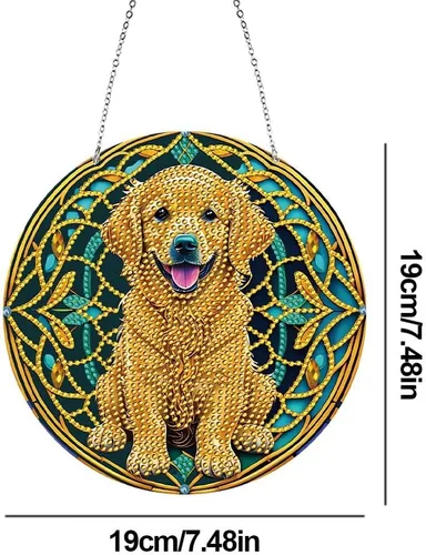 Miniatura 6 de LUSandy Kit de pintura de diamante 5D Golden Retriever DIY para colgar en la pared, letrero de arte para perro, diamante, atrapasoles, adorno