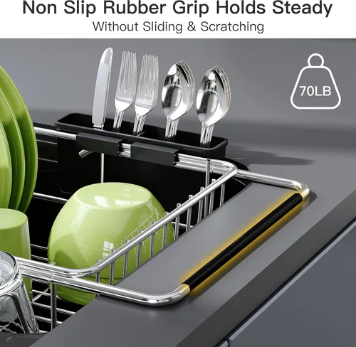 Miniatura 8 de JASIWAY - Escurridor extensible de acero inoxidable para usar sobre fregadero, encimera de cocina y dentro del fregadero, con portautensilios