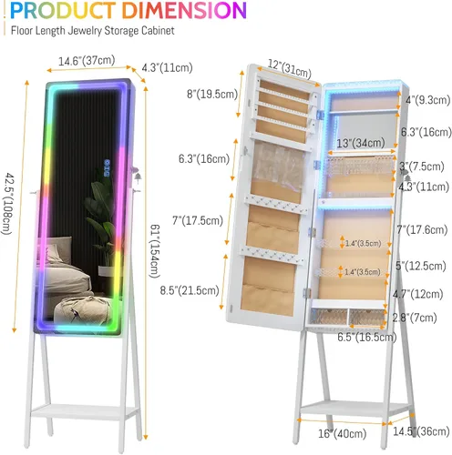 Miniatura 8 de LVSOMT Armario con espejo LED RGB para joyería, organizador de joyas de pie, espejo de cuerpo entero con almacenamiento de joyas, espejo de piso