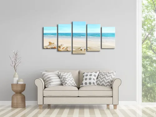 Miniatura 3 de Pyradecor, paisaje de playa en 5 paneles, lienzo Giclee de paisaje marino, impreso en lienzo moderno, tensado y encuadrado, arte para pared