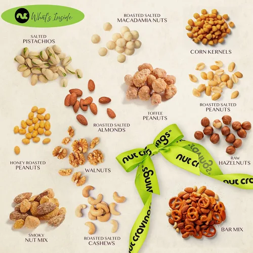 Miniatura 6 de NUT CRAVINGS - Cesta de regalo de nueces mixtas en bandeja de madera de diamante reutilizable + cinta verde (12 surtidos) golosinas para adultos