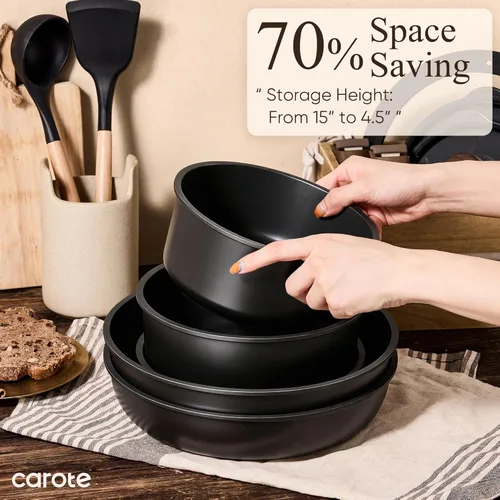 Miniatura 4 de CAROTE 19 piezas ollas y sartenes antiadherentes, juegos de utensilios de cocina con mango desmontable, ollas y sartenes de cocina de inducción