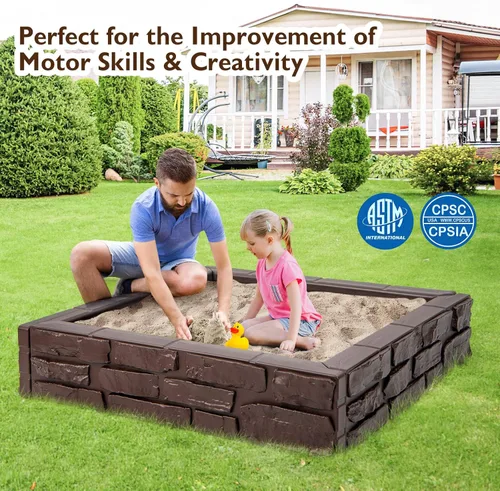 Miniatura 5 de Costzon Caja de arena para niños con cubierta, caja de arena de polietileno de alta densidad de 47 x 47 pulgadas con cubierta Oxford, forro Óxido