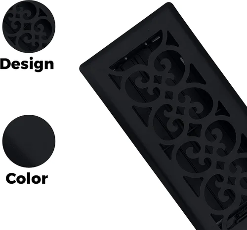Miniatura 4 de Precision Flow - Rejilla de piso de acero de 4 x 10 pulgadas, diseño victoriano, acabado negro texturizado, cubiertas de ventilación prémium