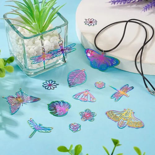 Miniatura 69 de FASHEWELRY 16 dijes de plumas de arco iris de acero inoxidable con alas de filigrana, adornos de metal de 4 colores para hacer joyas, pulseras