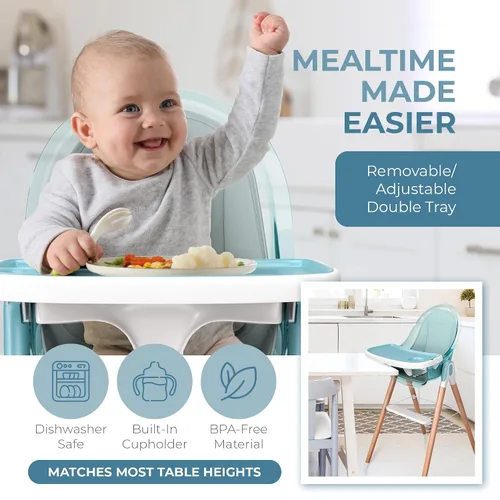 Miniatura 2 de Silla alta de madera de lujo 6 en 1 para bebés y niños pequeños, moderna, segura y compacta, fácil de limpiar y montar, bandeja y cojín extraíbles