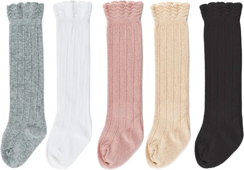 Bestjybt Calcetines altos hasta la rodilla para bebés y niños, de algodón, con tubo de punto trenzado y volantes, 5 pares