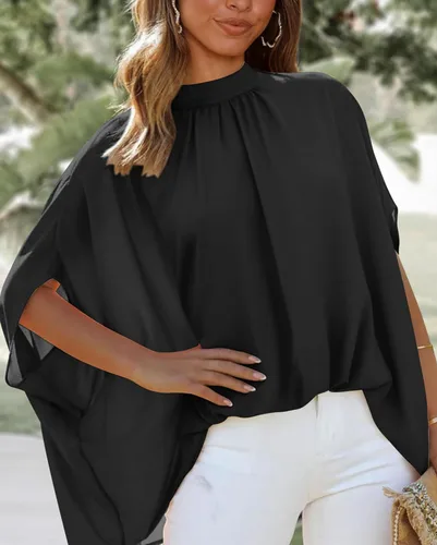 Miniatura 137 de BTFBM Blusas de verano para mujer, cuello alto falso, manga murciélago, holgadas, dobladillo alto y bajo, blusas informales de gran
