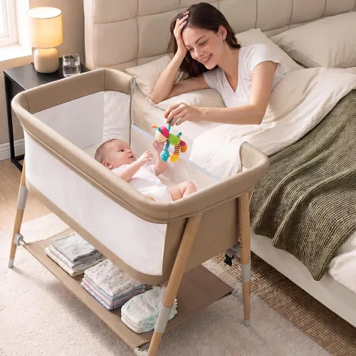 Miniatura 8 de Cuna de bebé, cuna portátil 3 en 1 para recién nacido, cuna de bebé portátil con 4 ruedas desmontables y altura ajustable, malla transpirable y Verde