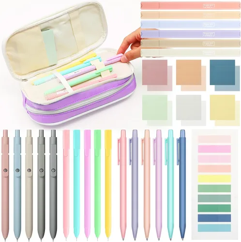 Miniatura 9 de 30 piezas de suministros escolares estéticos con estuche, 6 lápices mecánicos, 5 bolígrafos, 5 bolígrafos de secado rápido, 6 resaltadores pastel