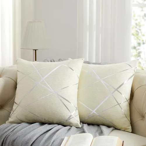 Miniatura 8 de GIGIZAZA - 2 paquetes de fundas de cojín de chenilla con rayas plateadas de jacquard para decoración de sofá