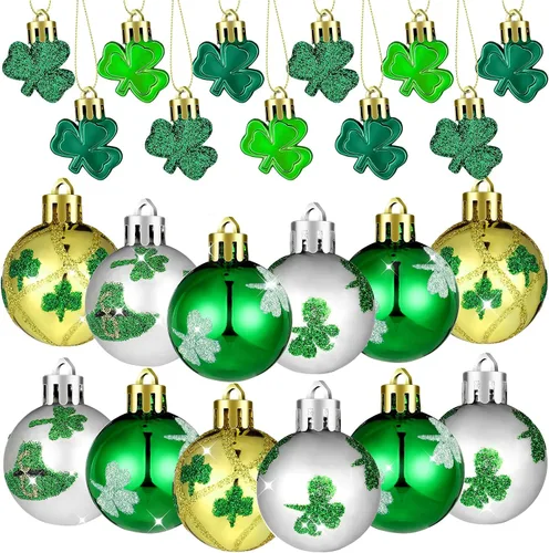 Teling 36 piezas de decoración del día de San Patricio adorno colgante para árbol trébol bola colgante bola de plástico verde adorno trébol sombrero
