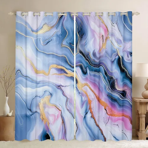 Miniatura 9 de Feelyou Cortinas abstractas para dormitorio, sala de estar, cortinas opacas de oscurecimiento negro y azul, con estampado de mármol, 2 paneles de 38
