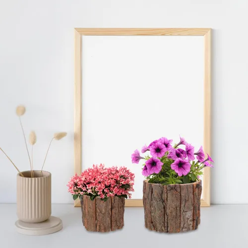 Miniatura 6 de YARNOW Juego de 6 macetas de corteza de madera rústica para decoración de jardín interior y exterior, textura natural, jarrones decorativos