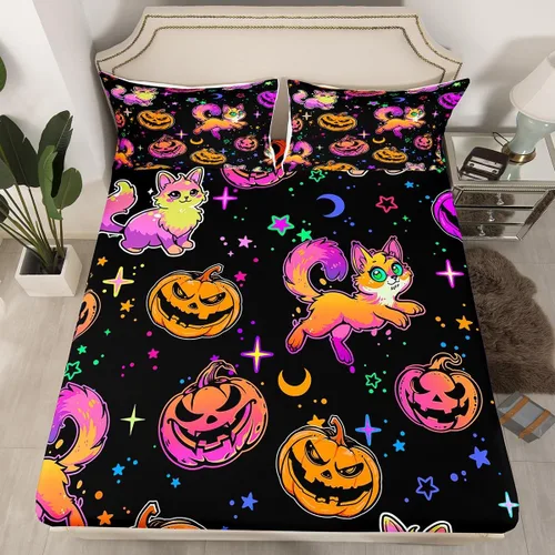 Miniatura 16 de Erosebridal Sábana bajera ajustable de Halloween, diseño de calabaza de dibujos animados, diseño de arco iris para niños, niñas, adolescentes