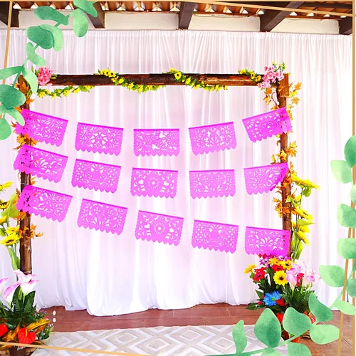 Miniatura 4 de Pancartas rosadas de Picado Picado, decoraciones de fiesta temática mexicana rosa, banderas mexicanas, decoraciones colgantes de fiesta de México