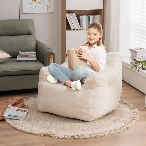 Miniatura 4 de Puf de espuma suave copetuda con tela de peluche para adultos y niños, cómodo sofá perezoso para sala de estar, dormitorio (marfil)
