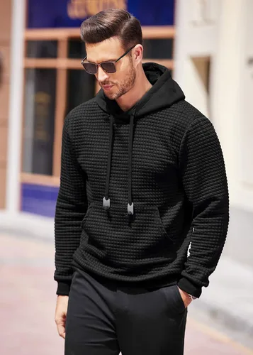 Miniatura 2 de COOFANDY Sudadera con capucha para hombre, de manga larga, a la moda, para gimnasio, atlética, a cuadros, jacquard, con bolsillo
