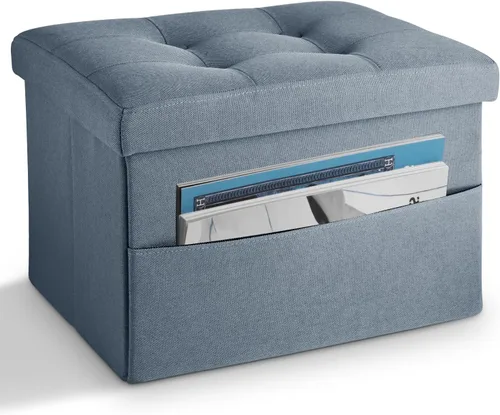 LINMAGCO Otomano de Almacenamiento Plegable con Reposapiés y Bolsillo Lateral Sofá Corto Moderno de Tela de Lino 17x13x13(Azul Niebla)