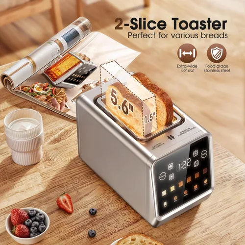 Miniatura 4 de Tostadora de pantalla táctil de 2 rebanadas, tostadoras digitales inteligentes de acero inoxidable con tostada de una sola ranura, función