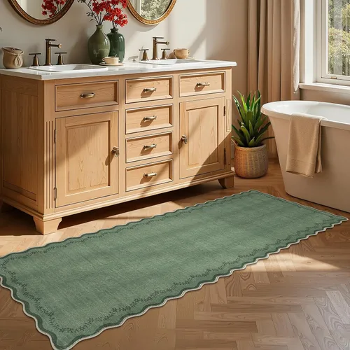 Miniatura 2 de GarveeHome 2.6x10 Alfombra Lavable con Bordes Ondulados para Cocina, Alfombra Larga de Pasillo Suave en Verde Oscuro, Alfombra Antideslizante