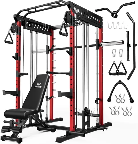 Miniatura 31 de JELENS M21 - Máquina Smith, jaula de potencia multifunción con sistema de cruce de cable de polea doble, banco de sentadillas todo en uno de 907 kg