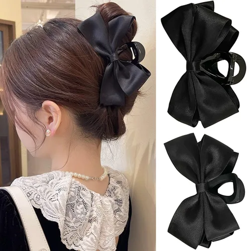 Pinzas Premium para el Cabello para Mujeres: Pinzas de Garra con Lazo para Cabello Grueso y Delgado, Pinzas Grandes Antideslizantes con Lazo en Negro