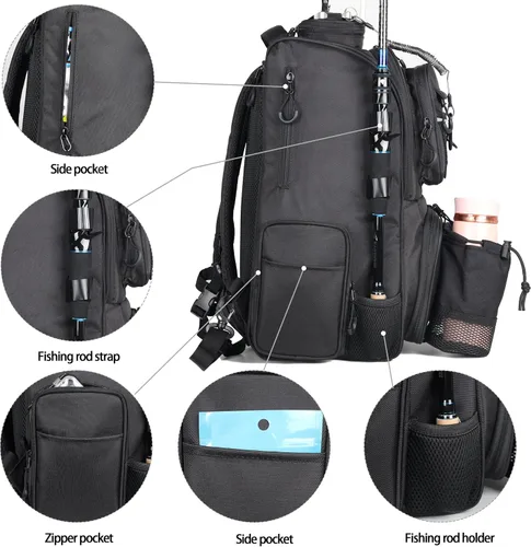 Miniatura 5 de Fishing Tackle Backpack With Rod Holders, Large 40L Fishing Backpack for Camping, Hiking