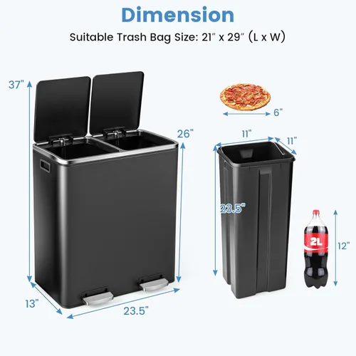 Miniatura 7 de Goplus Basurero doble de 60 litros (2 x 30 L)/16 galones de acero inoxidable, cubo de basura rectangular con cubos interiores y tapas con bisagras