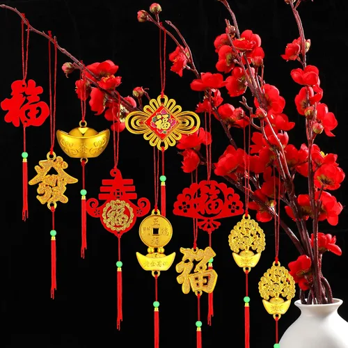 Miniatura 8 de Mixweer 72 piezas de decoraciones de Año Nuevo chino, colgante de nudo chino rojo, decoración tradicional de festival de primavera, decoración