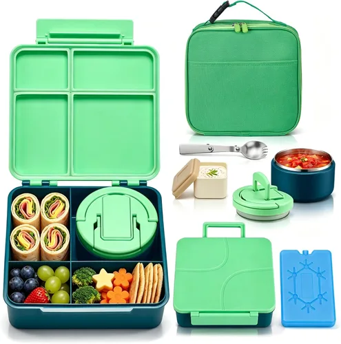 Miniatura 12 de Lonchera Bento con termo de sopa de 8 onzas, a prueba de fugas, 4 compartimentos, para niños, con taza de salsa y bolsa de hielo, tarro de comida