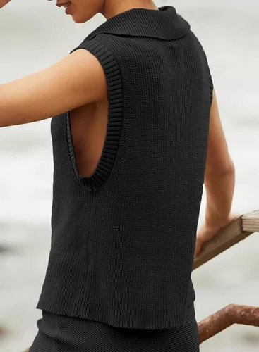 Miniatura 3 de EVALESS Suéteres sin mangas para mujer, suéter de punto con cuello en V y cuello en V, suelto, media cremallera, suéter sin botones