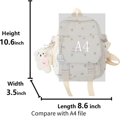 Miniatura 5 de Mochila estética Kawaii con colgante mini mochila para niñas, bonita mochila escolar japonesa, mochila con flores, Negro, S, Kawaii